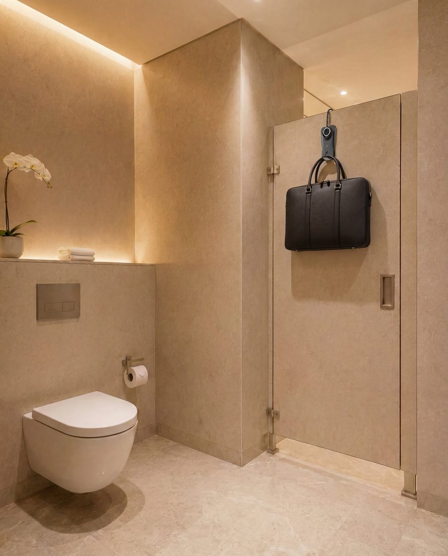 Winger holding a briefcase on a restroom stall door