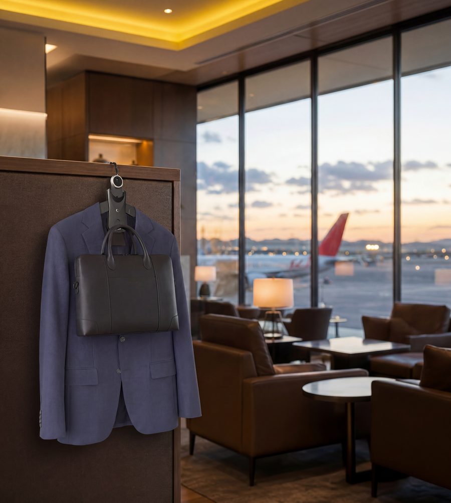 Winger holding a suit jacket and briefcase in an airport lounge