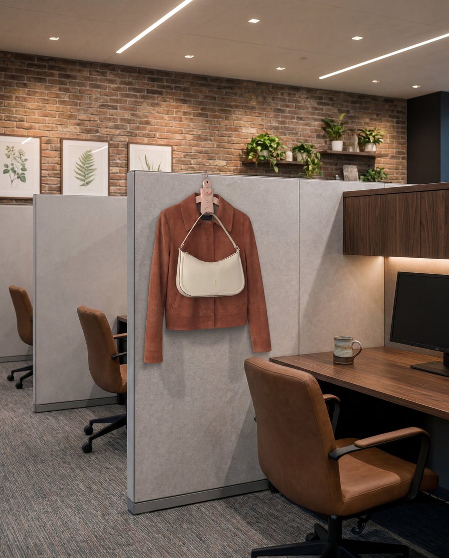 Winger, a folding coat hanger and bag hook, on an office partition holding a jacket and handbag